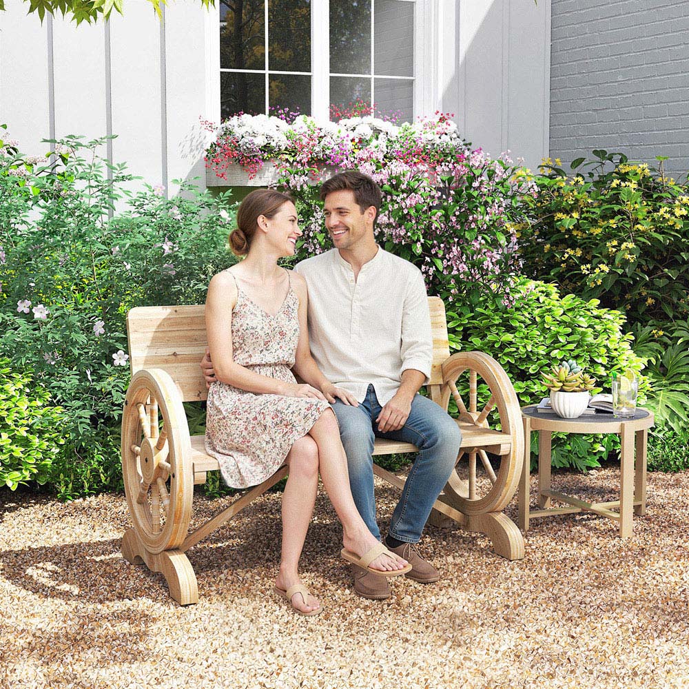 Outsunny 2 Seater Natural Wooden Garden Bench with High Back Image 2