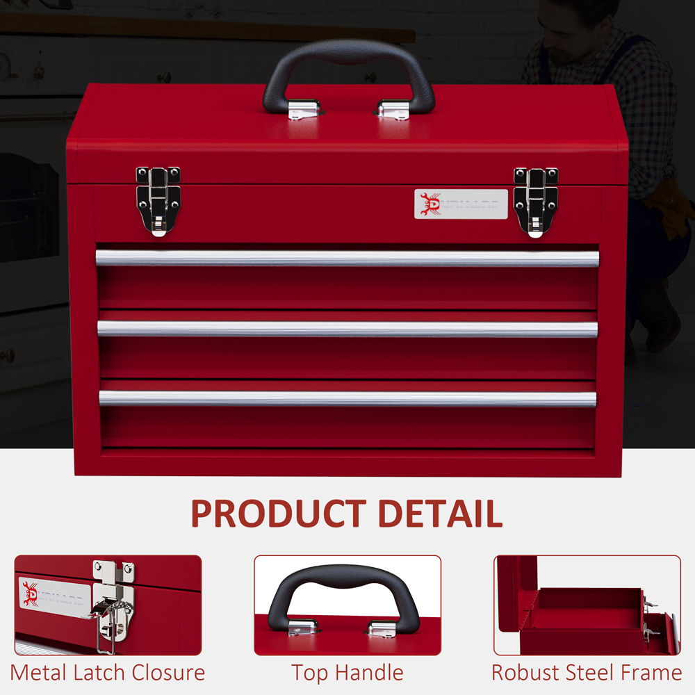 Durhand 3 Drawer Red Lockable Metal Tool Chest Image 4