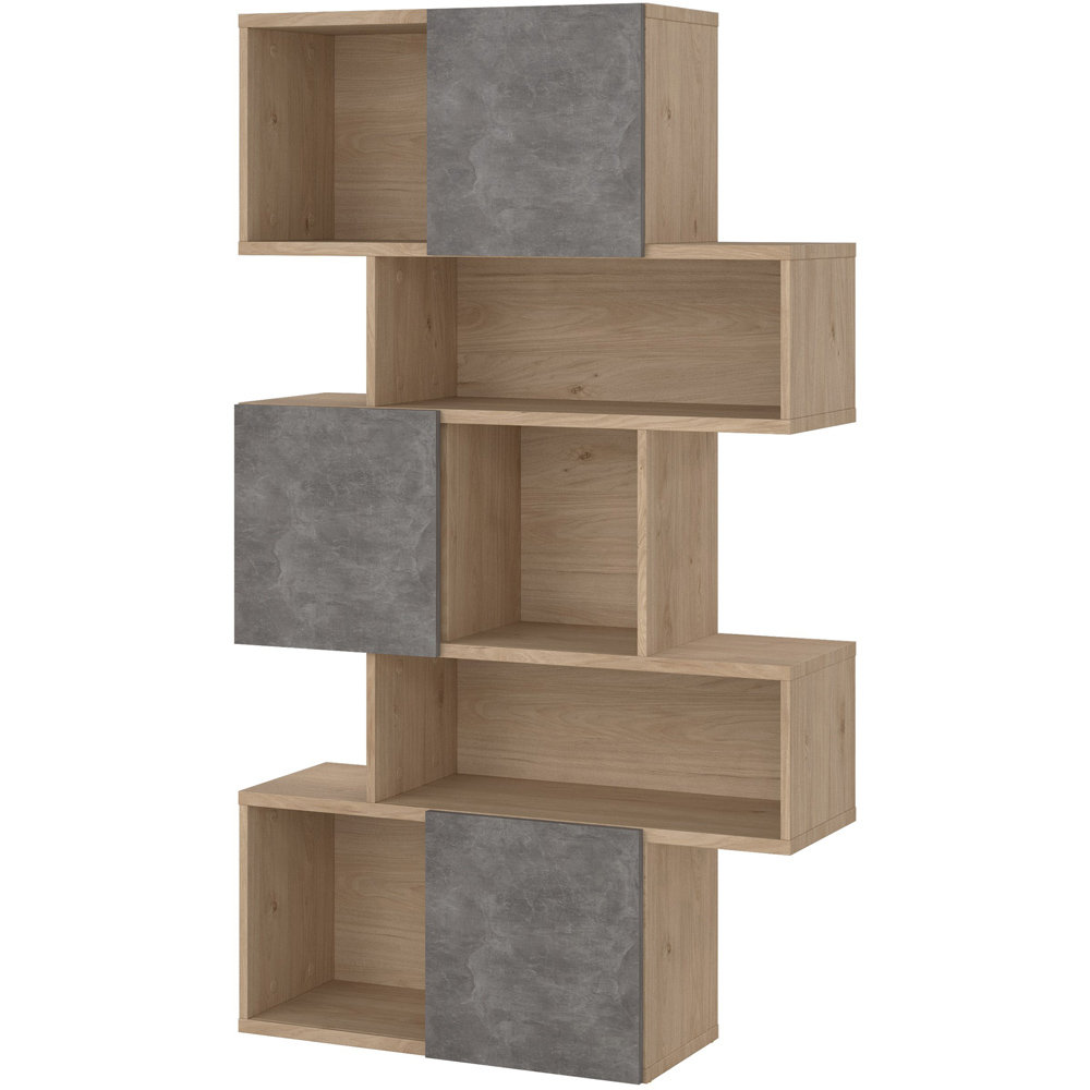 Furniture To Go Maze 3 Door 5 Shelf Jackson Hickory and Concrete Asymmetrical Bookcase Image 4