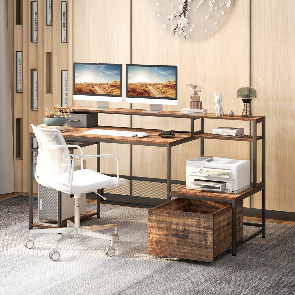 Costway 5 Shelf Single Drawer Computer Desk Rustic Brown Image 3