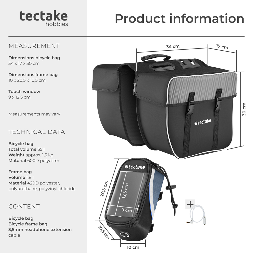 tectake Black and Blue Water-Repellent Georg Frame Bicycle Bag Set 10.5 x 20.5 x 10cm Image 8