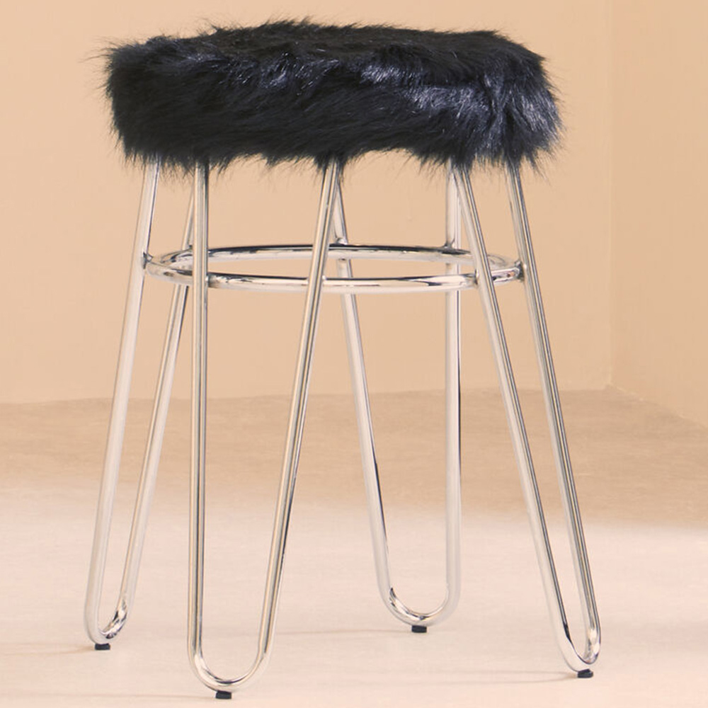 Premier Housewares District Black Faux Fur Stool Image 1