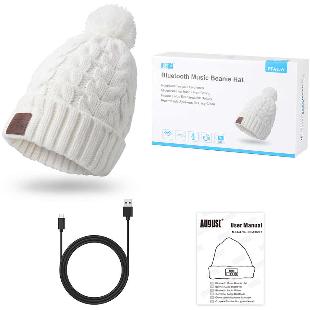 August EPA30W White Bobble Beanie Hat with Rechargeable Bluetooth Headphones and Mic Image 6