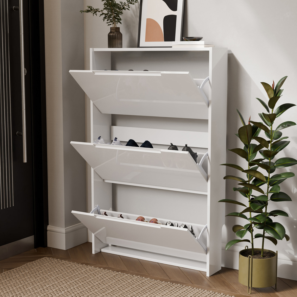 GFW Narrow White High Gloss 3 Tier Shoe Cabinet Image 4