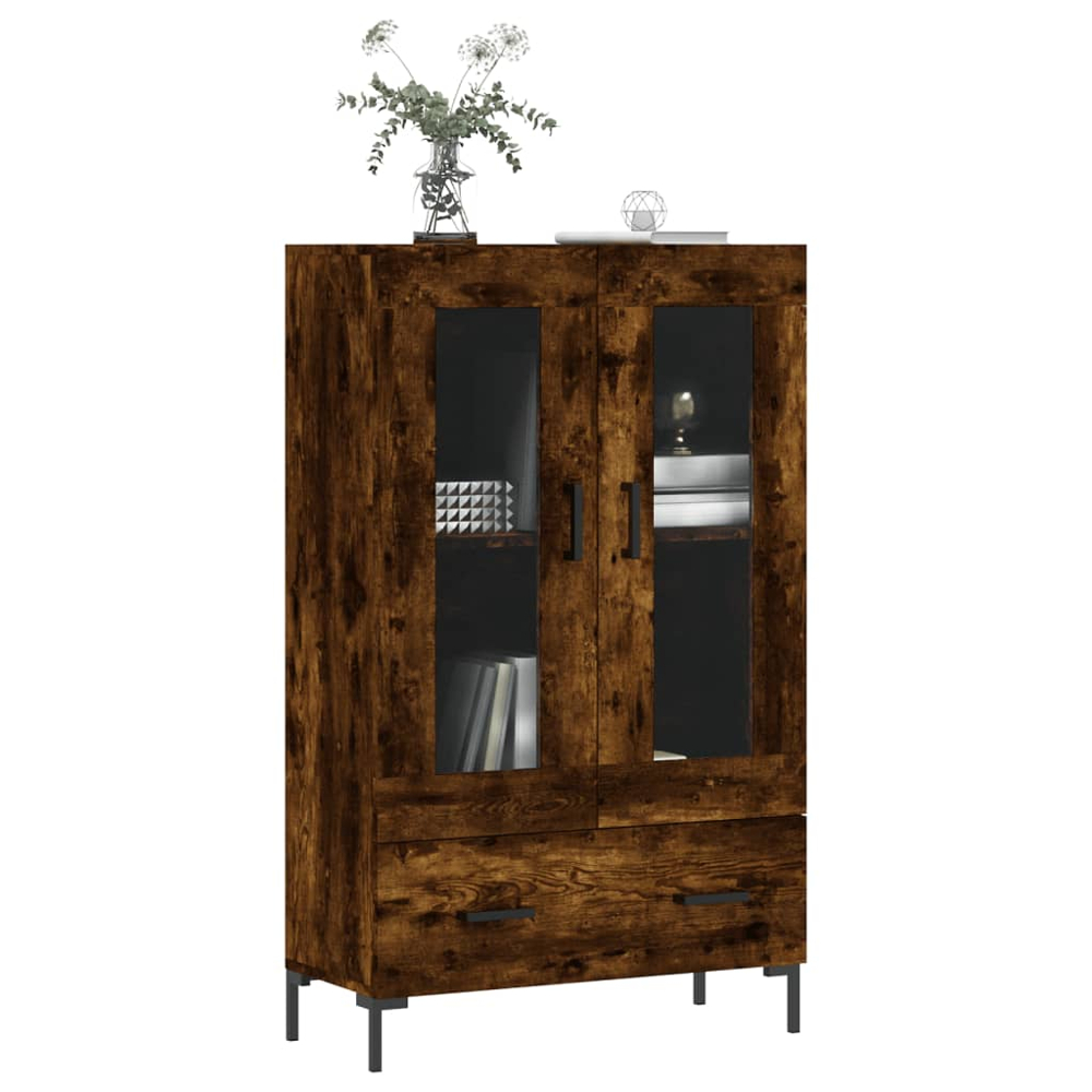 vidaXL 2 Door Glass Single Drawer Smoked Oak Highboard Image 3