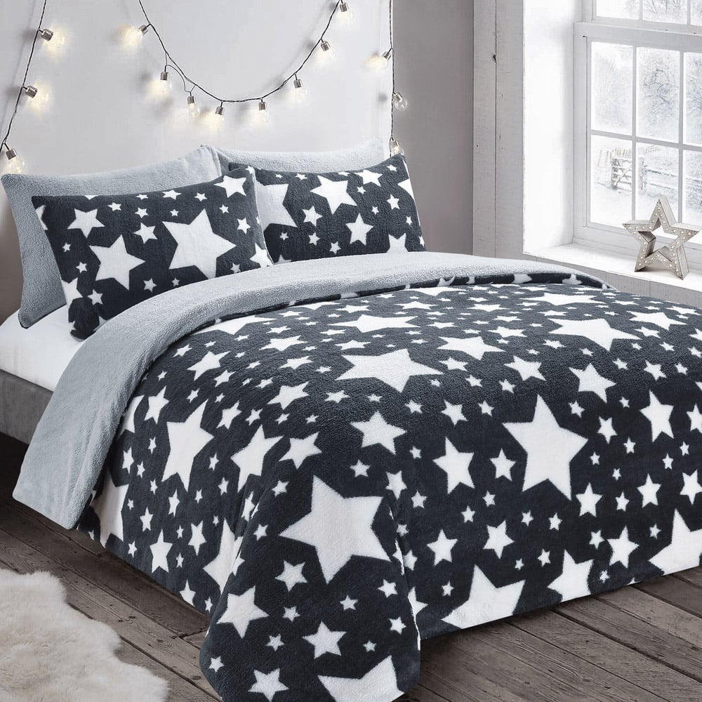 Velosso Super King Size Grey Galaxy Teddy Fleece Duvet Set Image 1