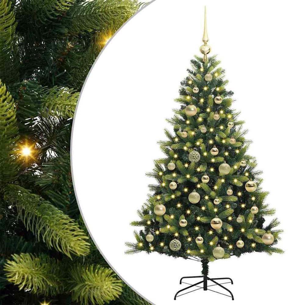 vidaXL Pre-Lit Gold Baubles Green Artificial Hinged Christmas Tree 4ft Image 2