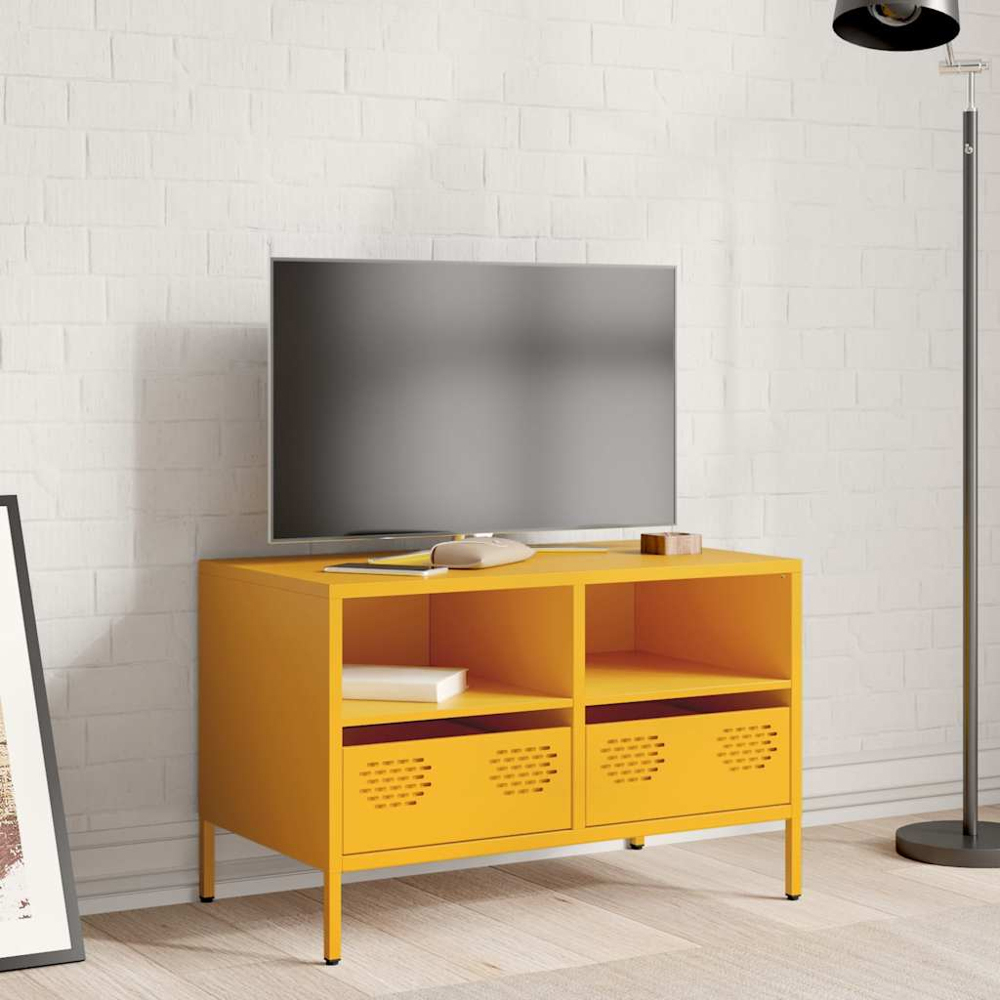 vidaXL 2 Drawer 2 Shelf Mustard Yellow Cold-Rolled Steel TV Cabinet Image 7