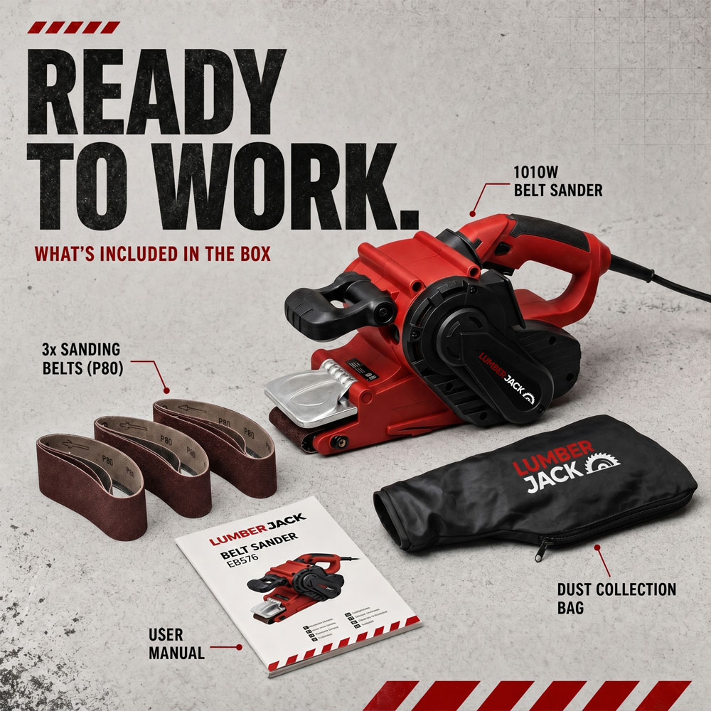 Lumberjack EBS76 230V 1010W Red Electric Belt Sander with Dust Bag and Sanding Belts 76 x 533mm Image 5