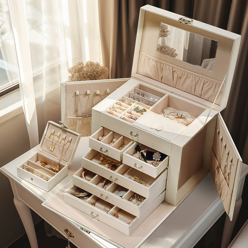 H&O Direct White Multi Tier Jewellery Box with Handle Image 2