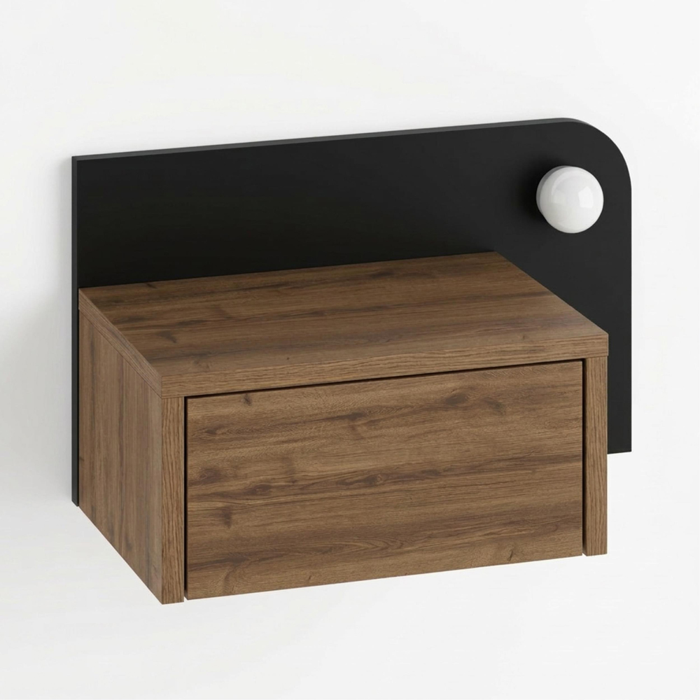 Decortie Dotta Single Drawer Dark Oak Effect Wall Mounted Bedside Table with Night Light Image 2