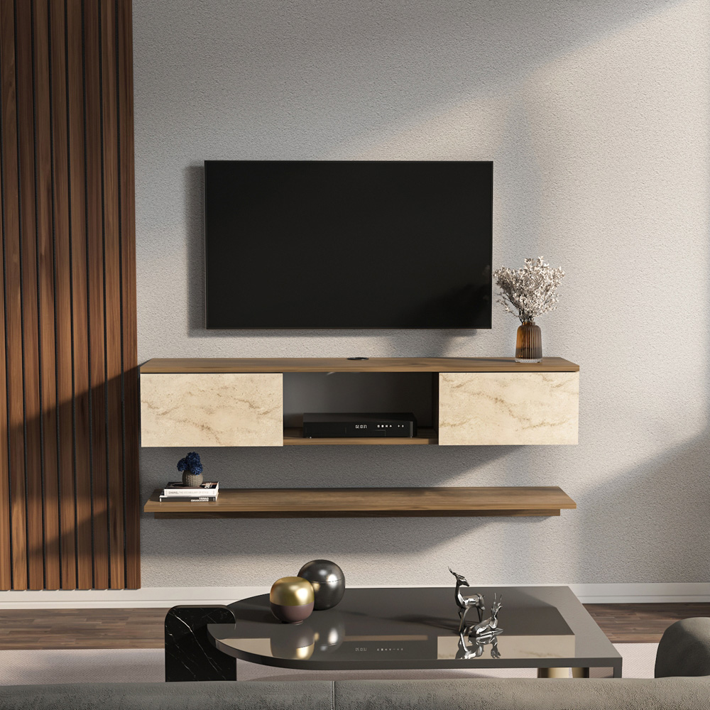 Decorotika Elia 2 Door Single Shelf Walnut Travertine Wall Mounted TV Unit with Wall Shelf Image 4