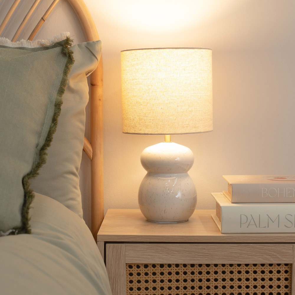 ValueLights Kendal Natural Linen Drum Shade Beige Glazed Ceramic LED Table Lamp Image 2