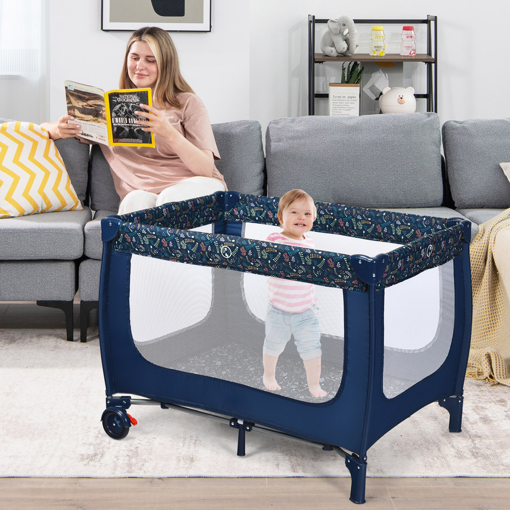 Costway Blue 2 in 1 Foldable Baby Playpen with Lockable Wheels and Mattress Image 2
