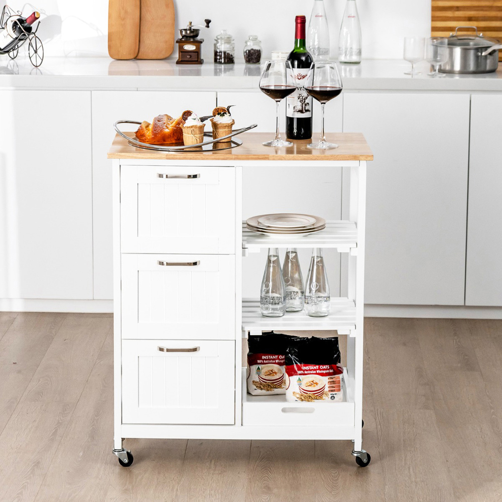 Costway 3 Drawer 3 Shelf White Rolling Kitchen Island Cart Wilko