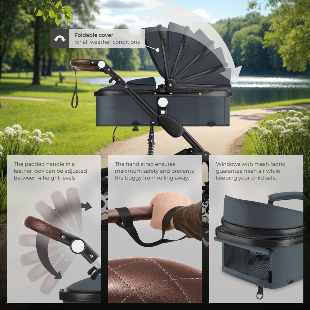tectake Anthracite Foldable Pram Stroller with 5 Point Harness Safety Bar and Wrist Strap Image 5