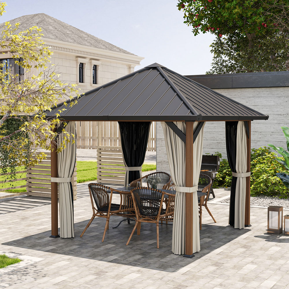 Outsunny 3 x 3m Walnut Metal Hard Top Gazebo with Netting and Curtain Image 3