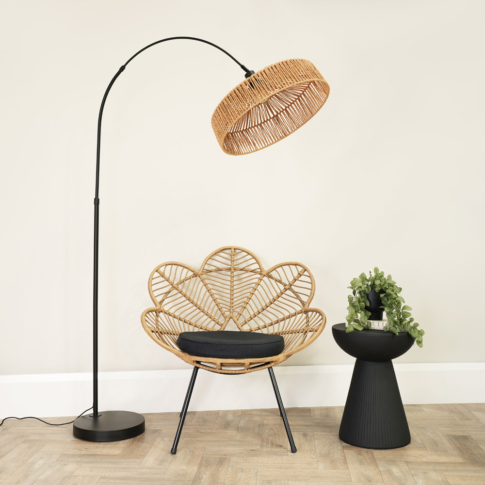 ValueLights Louis Natural Rope Pendant Shade Black Curved LED Floor Lamp Image 3