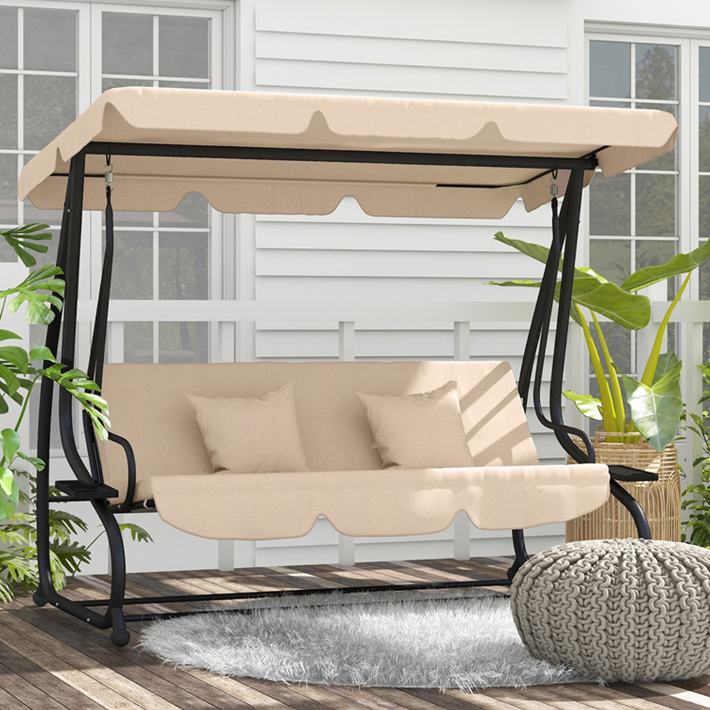 Outsunny 3 Seater Light Brown Garden Swing Chair with Adjustable Canopy Image 1