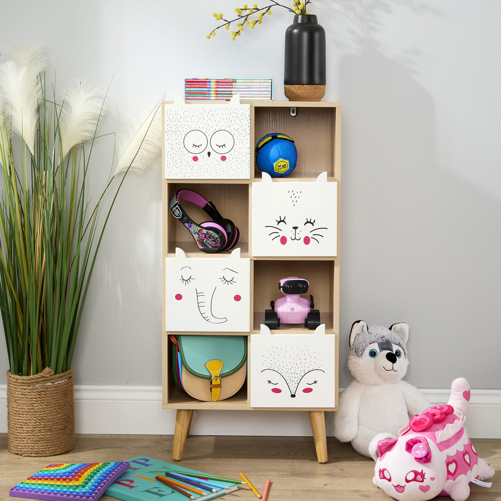 Home Source Milo 4 Door 4 Shelf White and Natural Animal Motifs Kids Cube Storage Unit Image 9