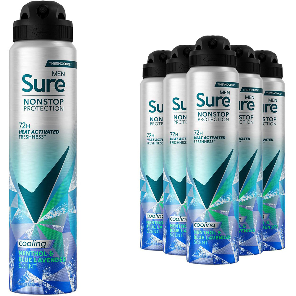 Sure Men Nonstop Protection Menthol and Blue Lavender Anti-Perspirant Spray 250 ml 6 Pack Image 1
