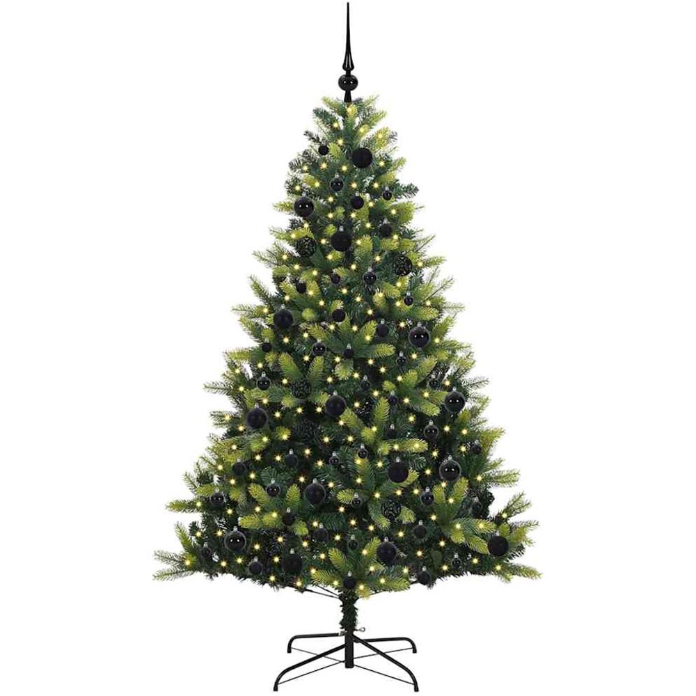 vidaXL Pre-Lit Black Baubles Green Artificial Hinged Christmas Tree 6ft Image 1