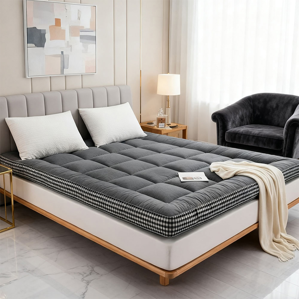 Living and Home Super King Size Grey Solid and Plaid Quilted Mattress Topper Image 2