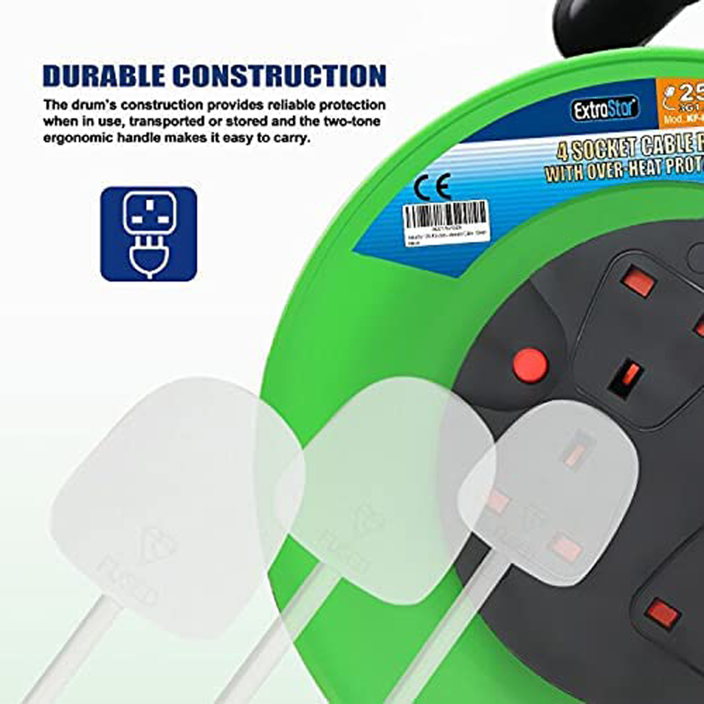ExtraStar 13A 25m 4 Socket Green Unswitched Heavy Duty Cable Reel Image 3