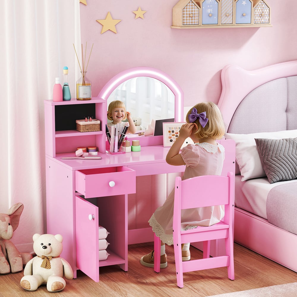 AIYAPLAY 2 Piece Pink LED Mirror Kids Dressing Table and Stool Set Image 4