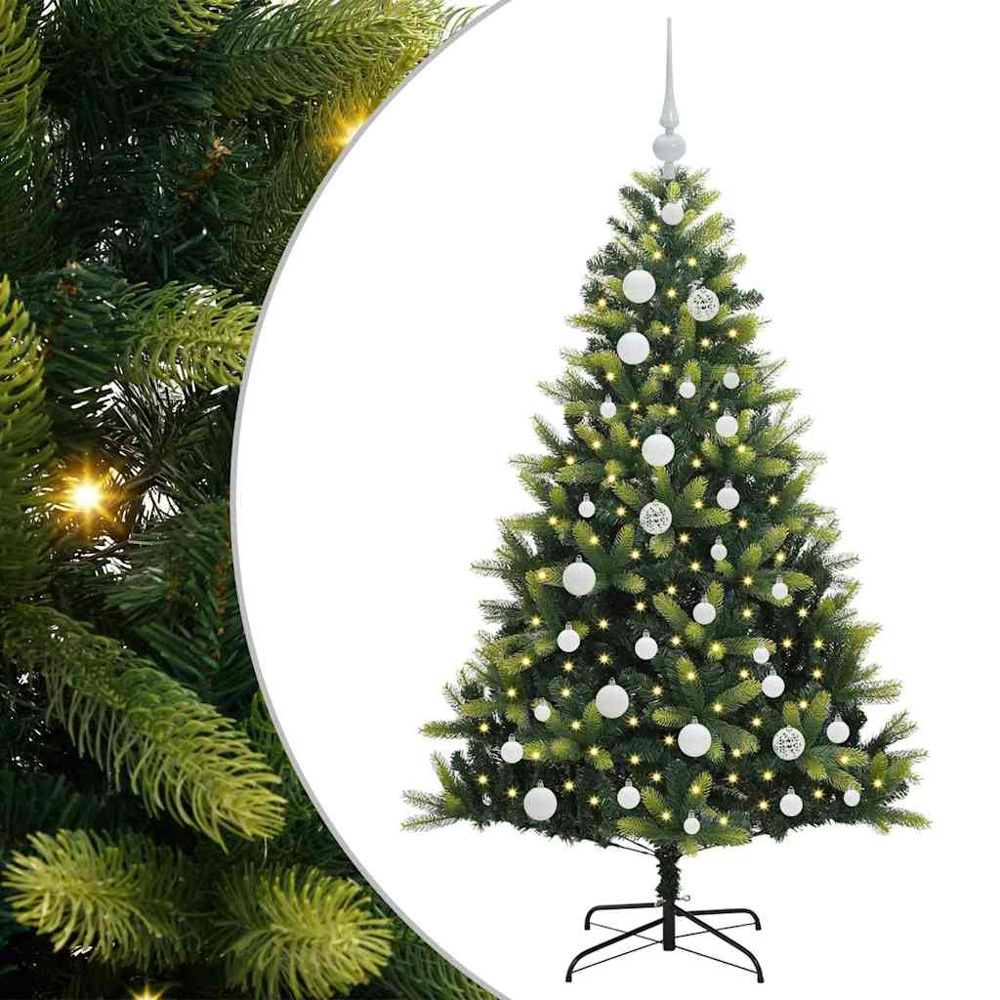 vidaXL Pre-Lit White Baubles Green Artificial Hinged Christmas Tree 4ft Image 2