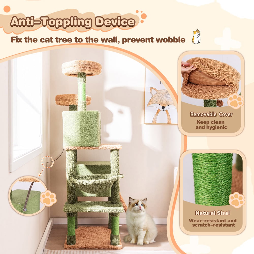 Costway Green Multi Level Cactus Cat Tree with Scratching Posts 160cm Image 6