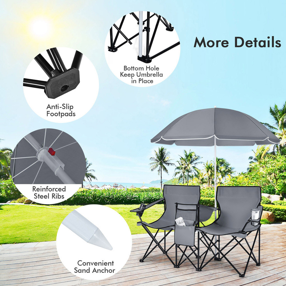Costway Grey Double Portable Camping Chair with Umbrella and Ice Bag Image 7