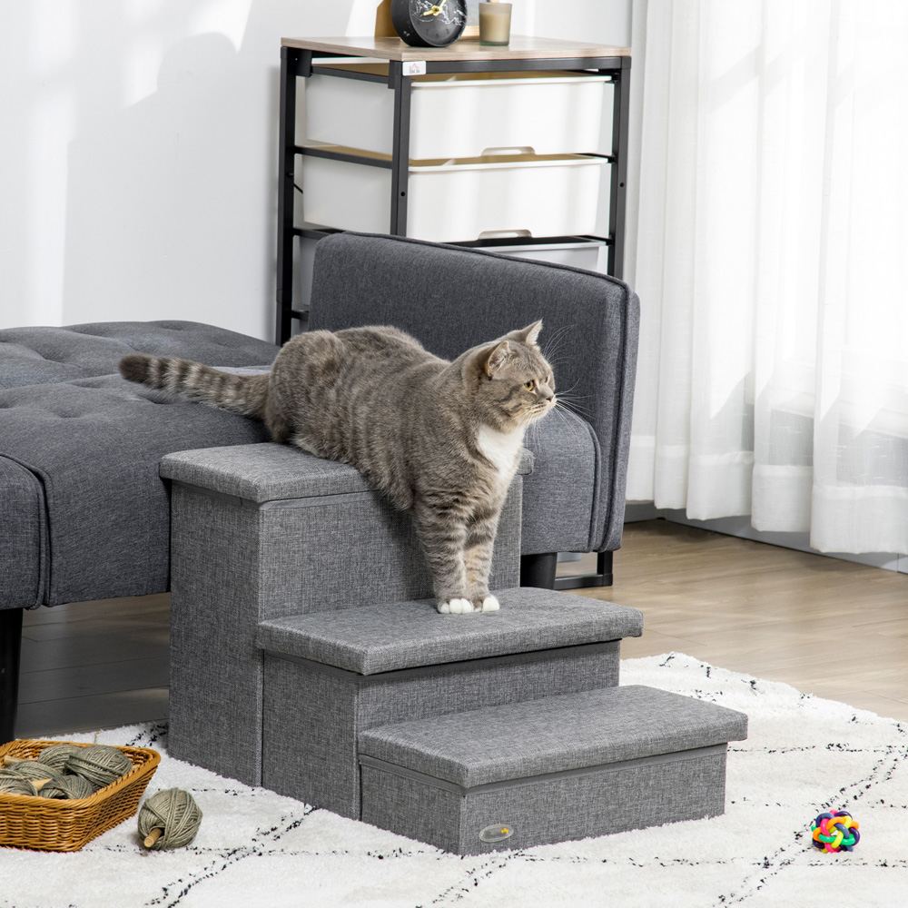 PawHut 3 Step Faux Linen Pet Stairs with Storage Image 2