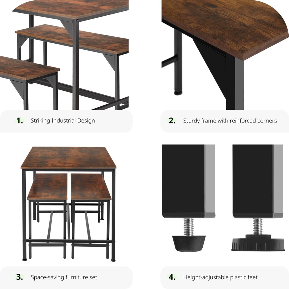 tectake Bolton 2 Seater Industrial Dark Wood Dining Set with Bench Image 7