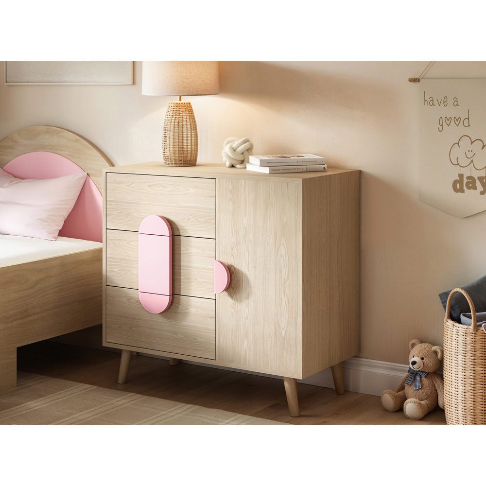 Flair Noah Single Door 3 Drawers Oak and Pink Cabinet Image 6