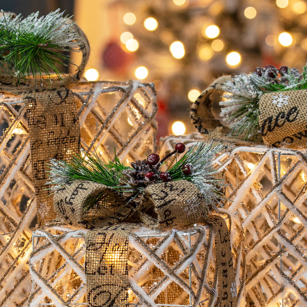 The Christmas Workshop Set of 3 Rattan LED Christmas Gift Box Lights Image 4