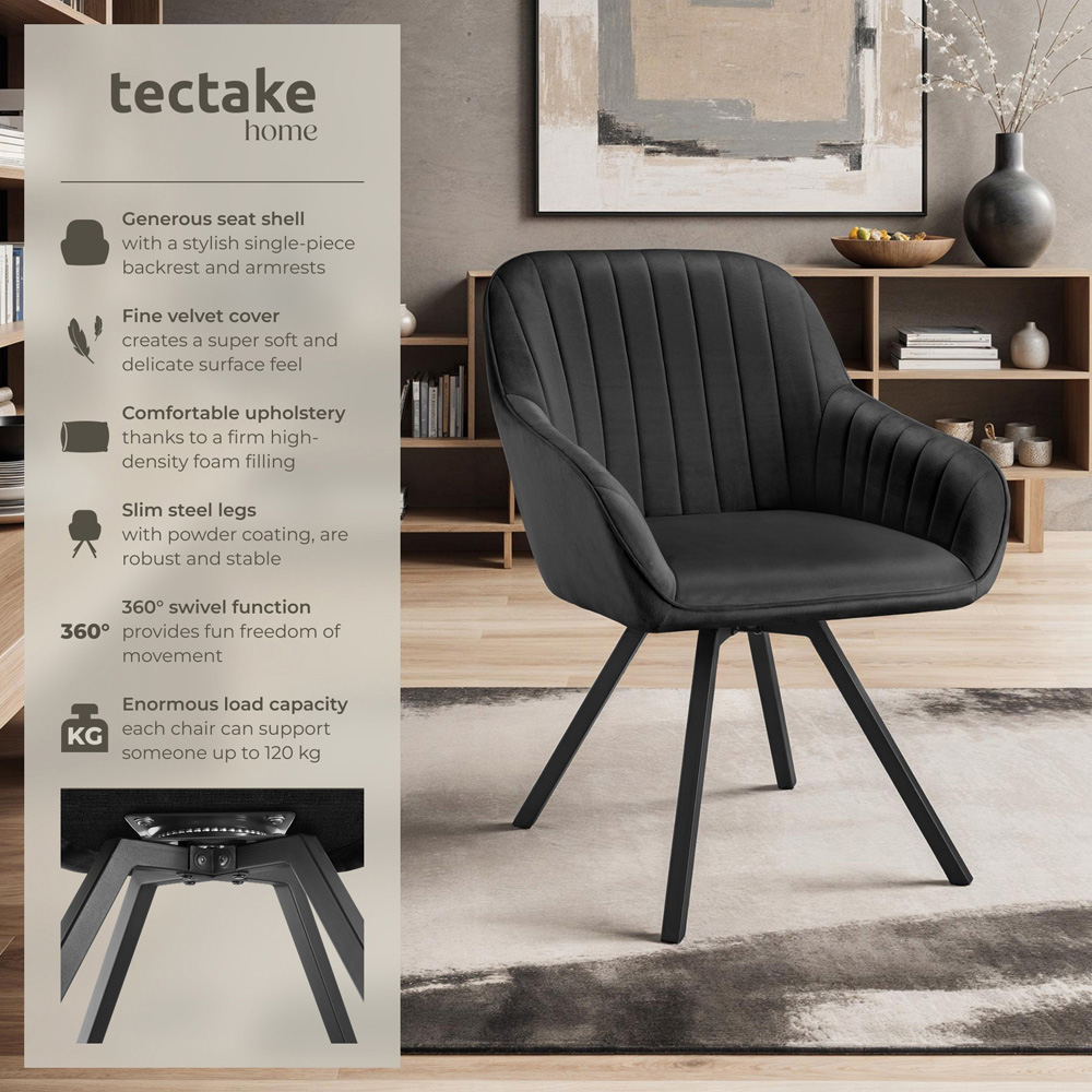 tectake Set of 6 Black Velvet Fabric Lounge Armchair Image 6