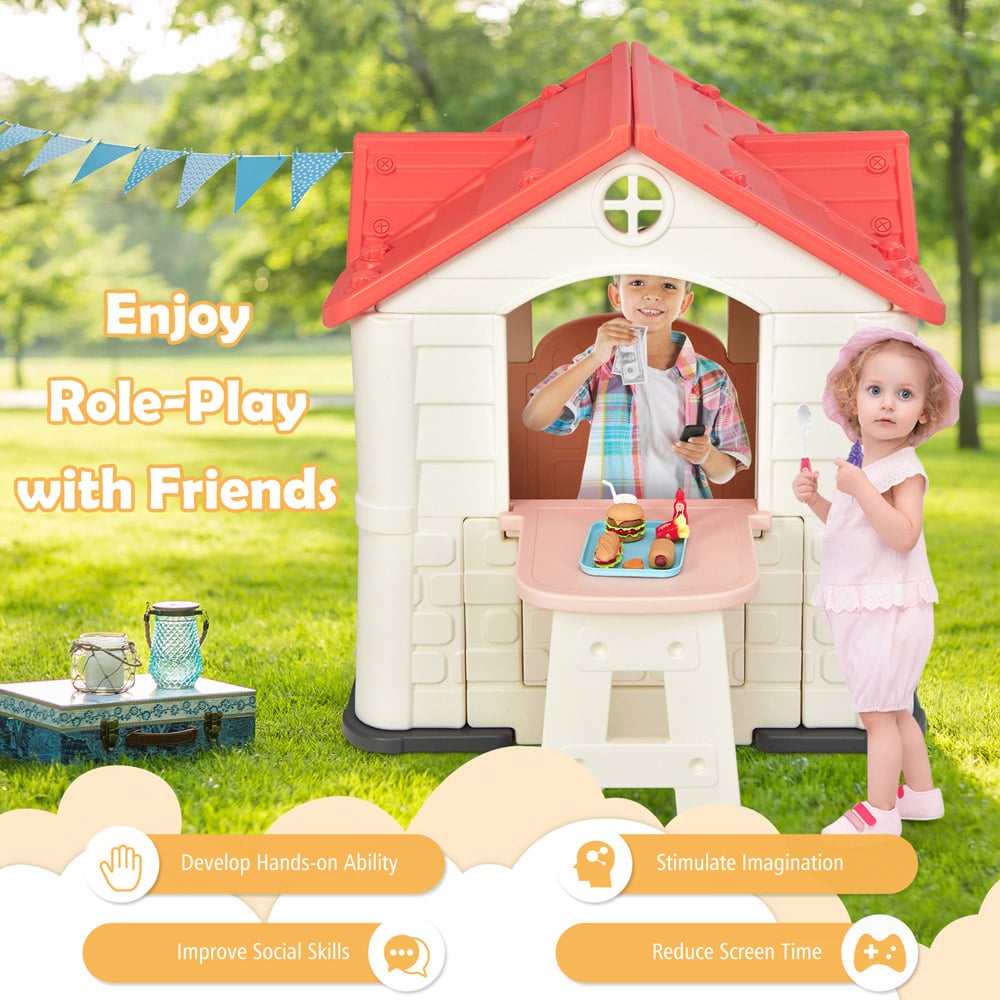 Costway Pink Cottage Pretend Play Centre with Picnic Table Image 6