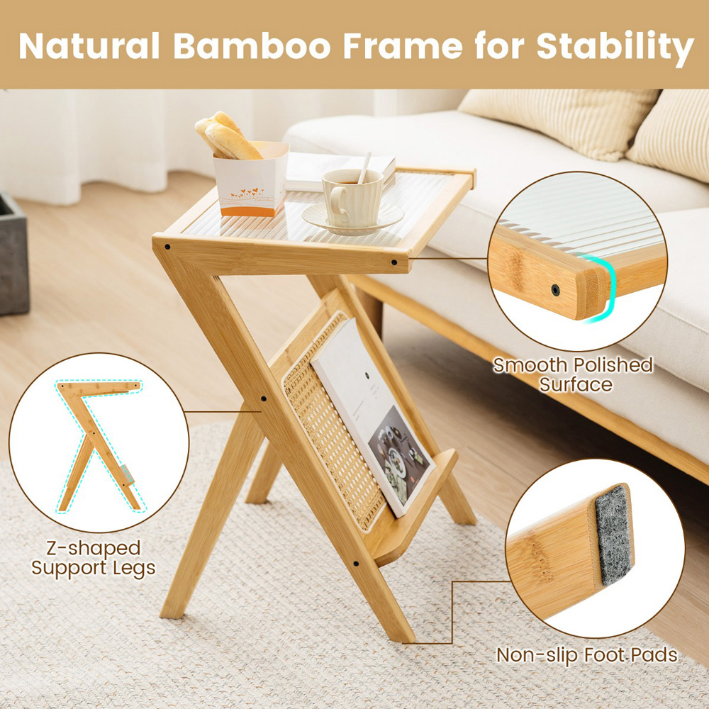 Costway Single Shelf Natural Bamboo Accent Bedside Table with Tempered Glass Top Image 8