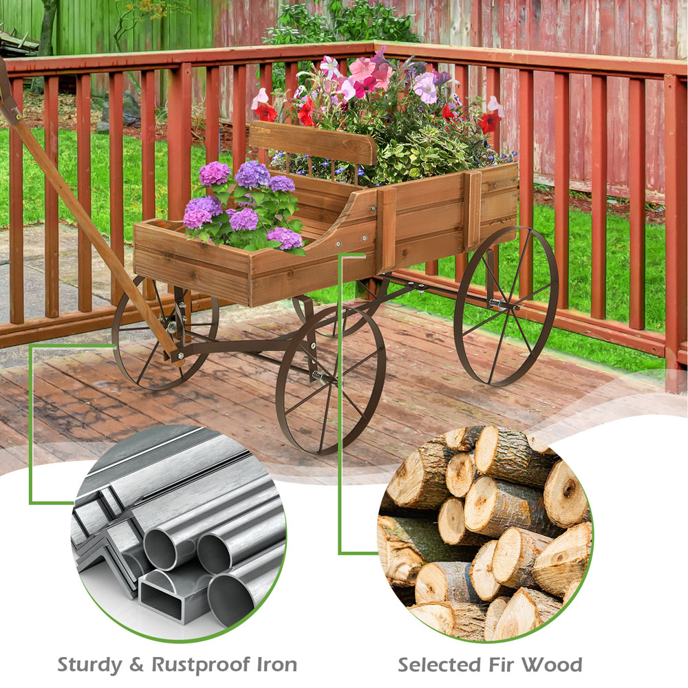 Costway Wooden Wagon Wheel Flower Planter Stand – Rustic Outdoor Garden Decor, 47.2" Long