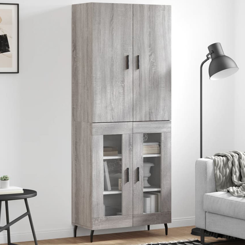 vidaXL 4 Wood and Glass Door Grey Highboard with Metal Legs Image 1