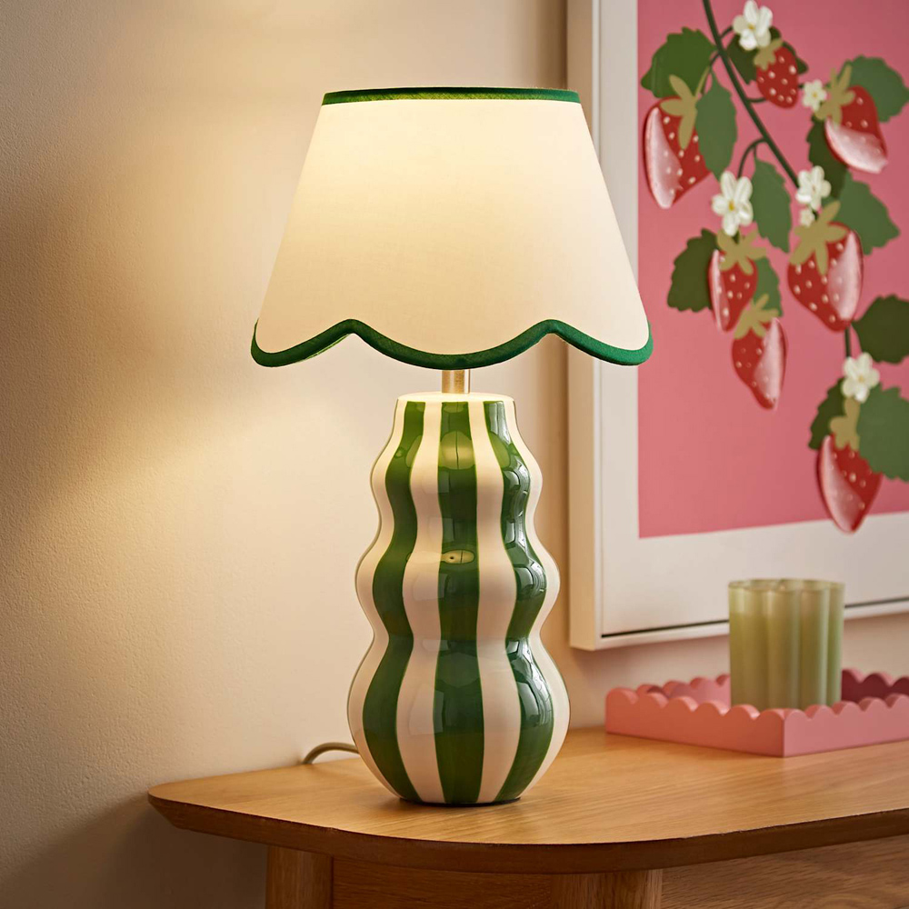 ValueLights Everie Scallop Shade Green Stripe Table Lamp with Bulb Image 6