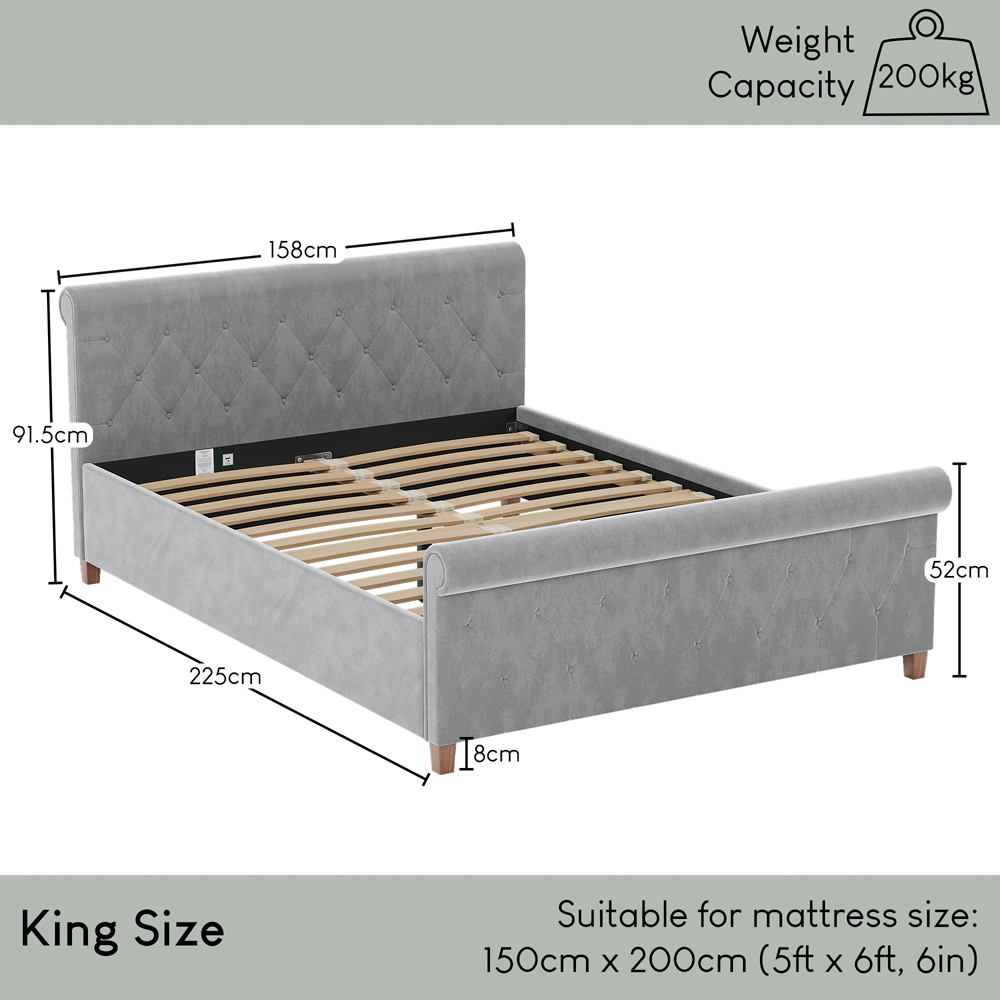 Home Vida Vittorio King Size Light Grey Velvet Bed Image 6