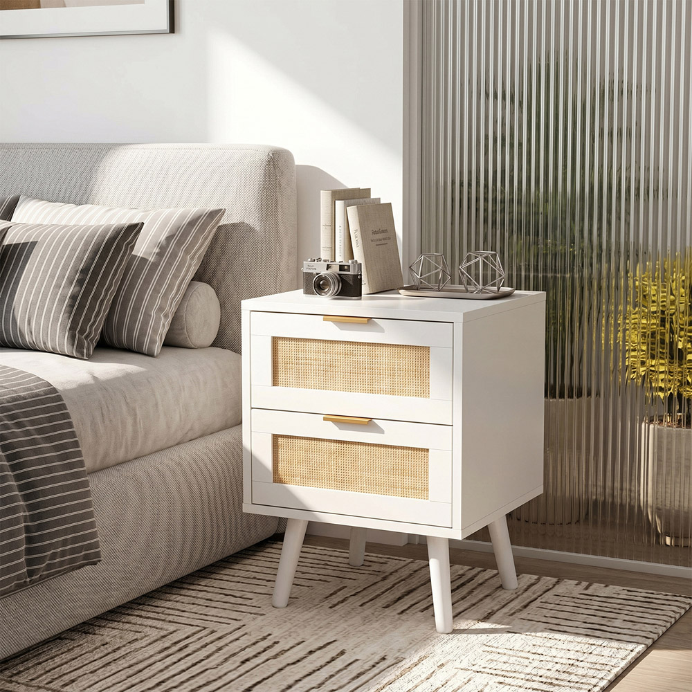Living and Home 2 Drawer White Rattan Bedside Table Set of 2 Image 7