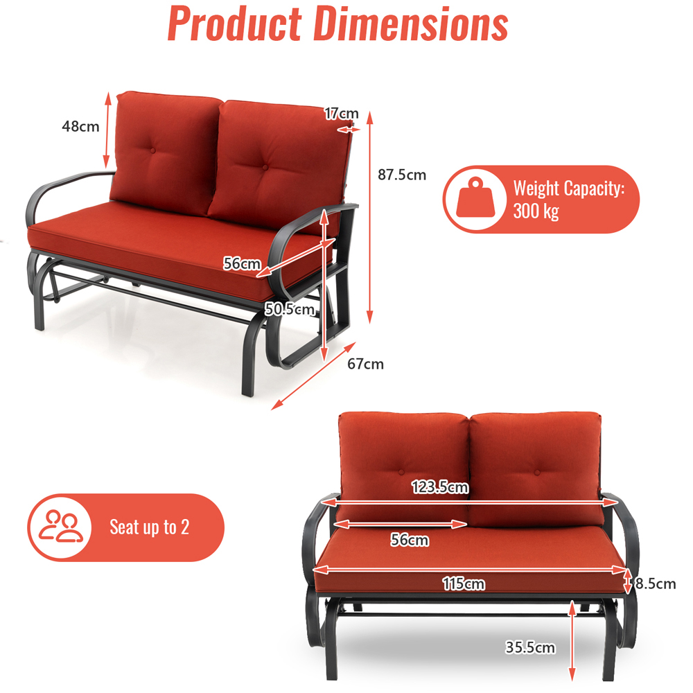 Costway 2 Seater Brick Red Outdoor Glider Bench with Cushions Image 9