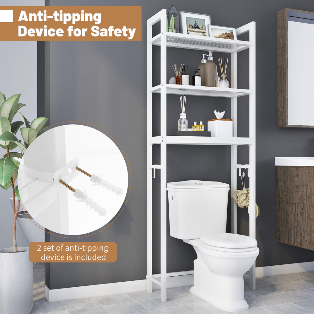 Costway 3 Shelf White Over The Toilet Storage Shelf with Hooks Image 6
