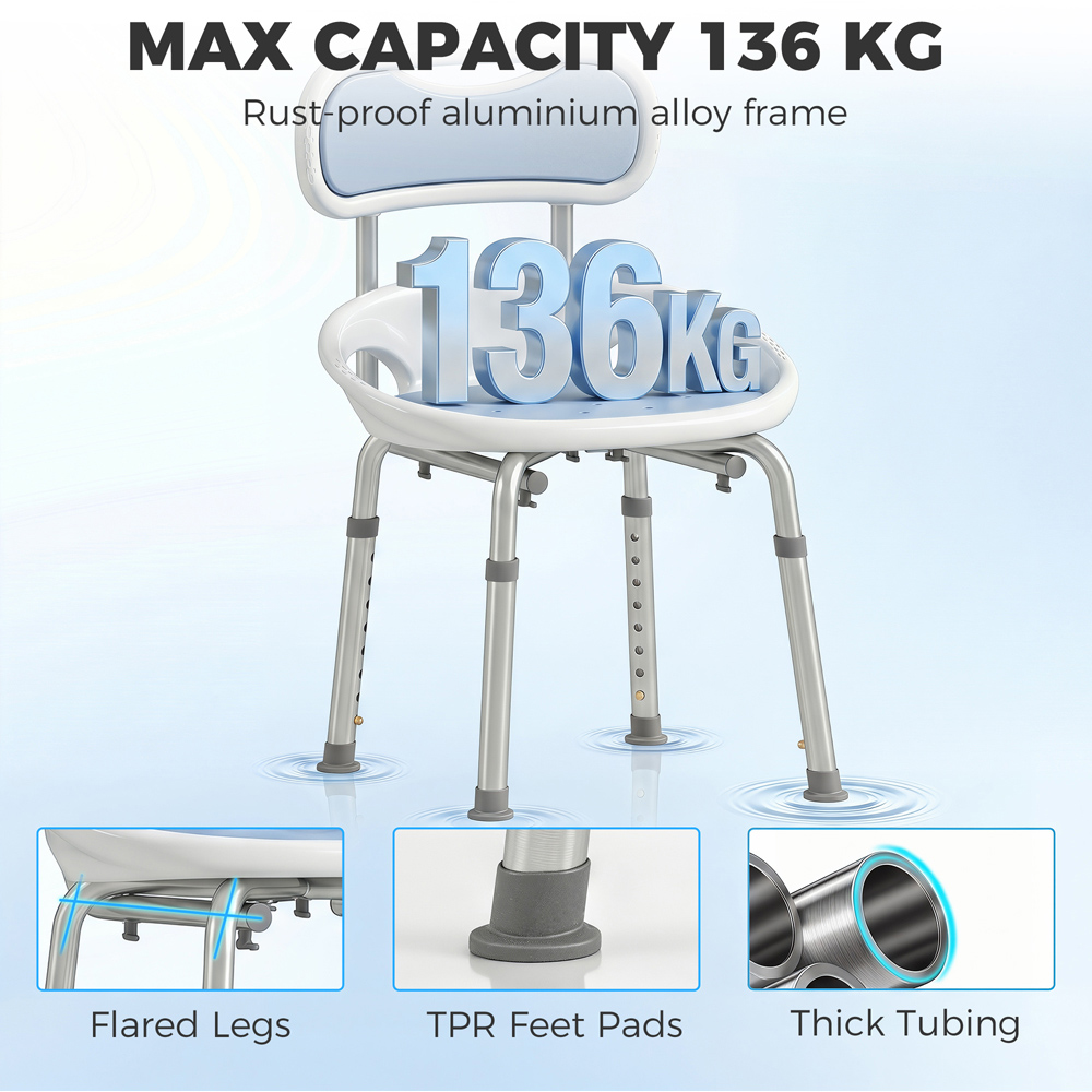 HOMCOM Back Height Adjustable Shower Chair with Side Support Image 5