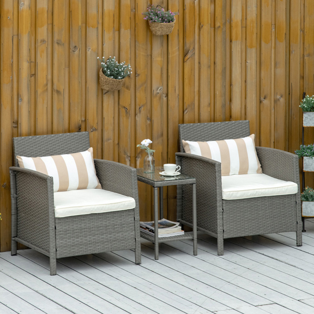 Outsunny 2 Seater Light Grey Rattan Effect Bistro Set with Cushions Image 1
