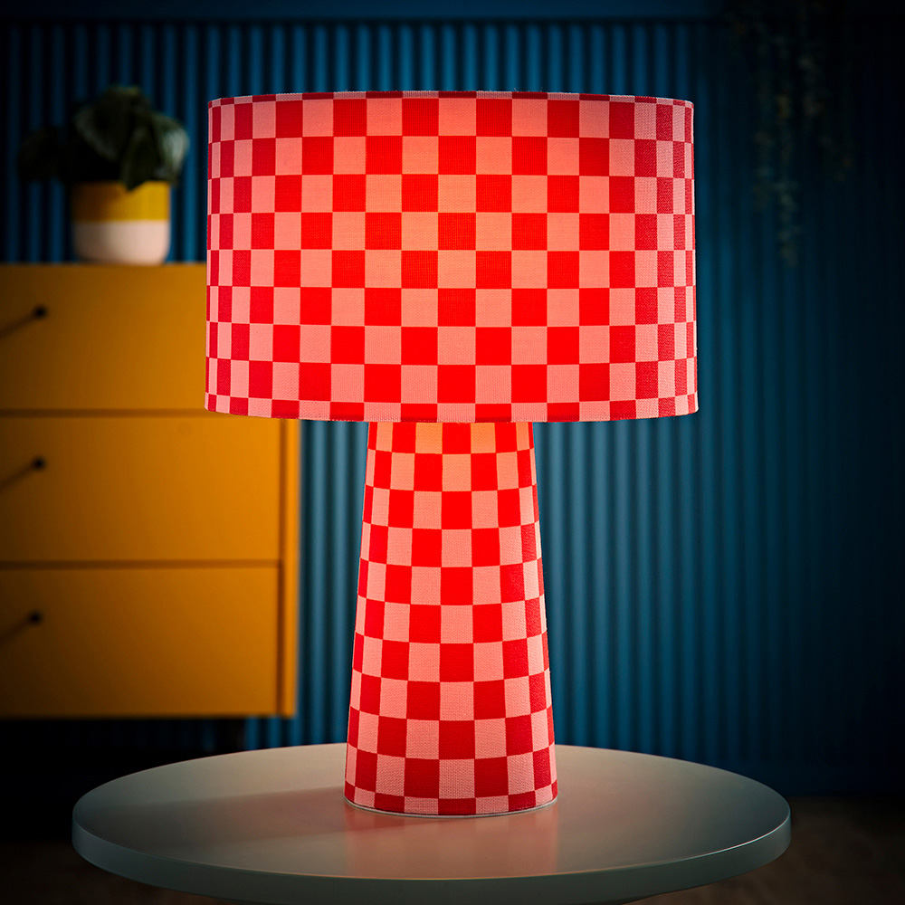 ValueLights Pritchard Pink Checkerboard Drum Shade Full Fabric LED Table Lamp Image 2