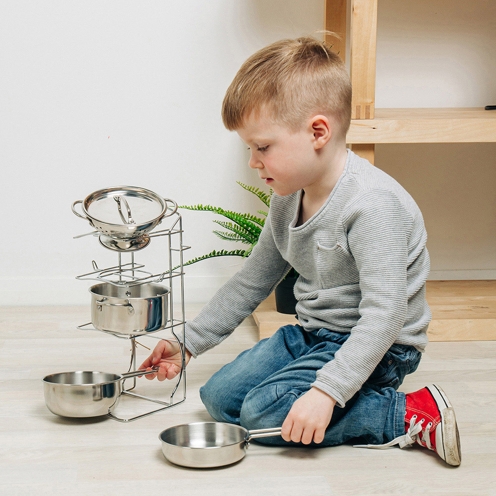 Bigjigs Toys 8 Piece Stainless Steel Cooking Pot Rack Image 6